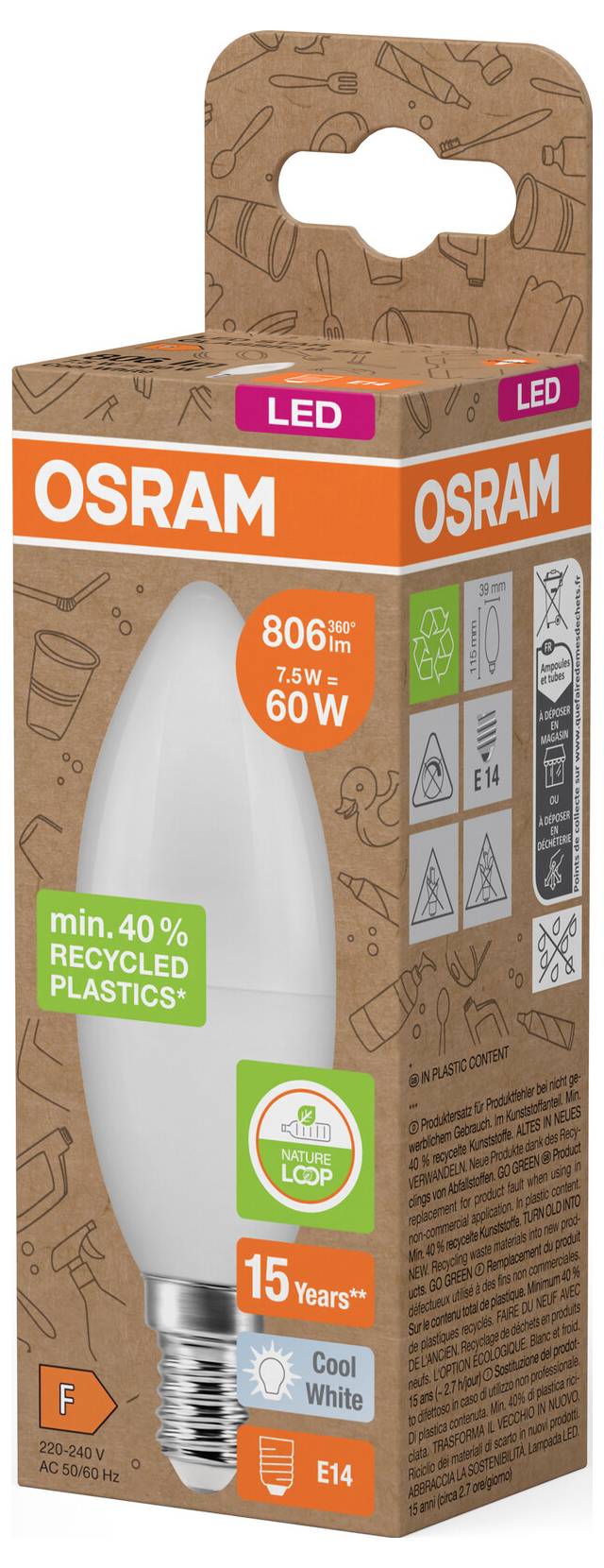 OSRAM LED-Glühbirne Verpackung in Kaltweiß mit E14-Fassung, gekennzeichnet als 7,5W entsprechend 60W, 806 Lumen, 15 Jahre, und mindestens 40% recycelte Kunststoffe.