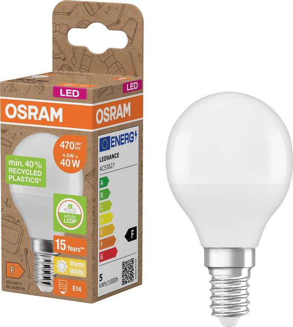 OSRAM HOMELIGHTING 4058075832084 LED EEK F (A - G) E14 Tropfenform 4.9 W = 40 W Warmweiß (Ø x H) 45 mm x 79 mm  1 St.