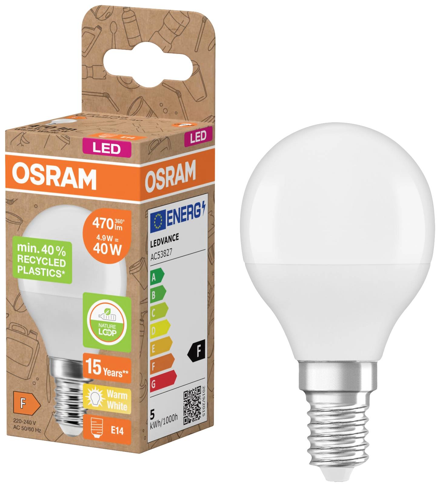 Glühbirne neben Verpackung. Aufschrift: 'OSRAM', 470 Lumen, 40W, E14, warmweiß, mindestens 40% recycelter Kunststoff, Energieklasse F.