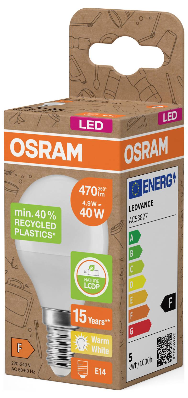 OSRAM LED-Lampenverpackung mit Energieetikett, 4,9 W, E14, 470 lm, warmweiß, 15 Jahre und mindestens 40% recycelter Kunststoff.