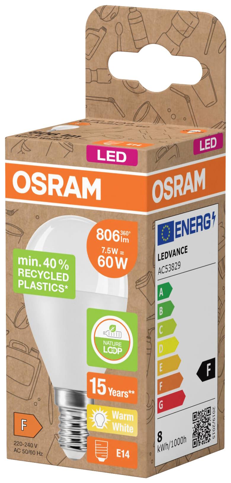 LED-Glühbirne von OSRAM in Verpackung, 806 Lumen, 7,5 W entspricht 60 W, Energieeffizienzklasse F, warmweißes Licht, 15 Jahre Lebensdauer.