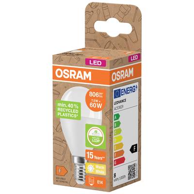 LED-Glühbirne von OSRAM in Verpackung, 806 Lumen, 7,5 W entspricht 60 W, Energieeffizienzklasse F, warmweißes Licht, 15 Jahre Lebensdauer.