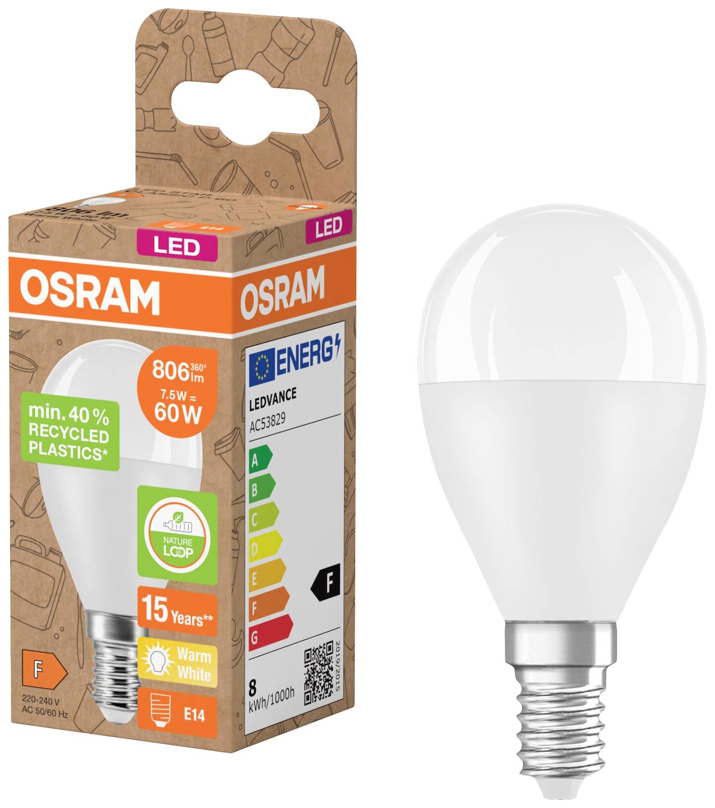 Eine LED-Glühbirne der Marke OSRAM, 806 Lumen, 7,5 W, ersetzt 60 W. Energieklasse F, warmweißes Licht. Verpackung zeigt Recyclinganteil von 40%.
