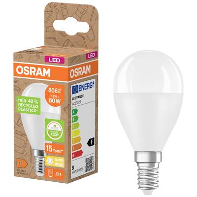 Eine LED-Glühbirne der Marke OSRAM, 806 Lumen, 7,5 W, ersetzt 60 W. Energieklasse F, warmweißes Licht. Verpackung zeigt Recyclinganteil von 40%.