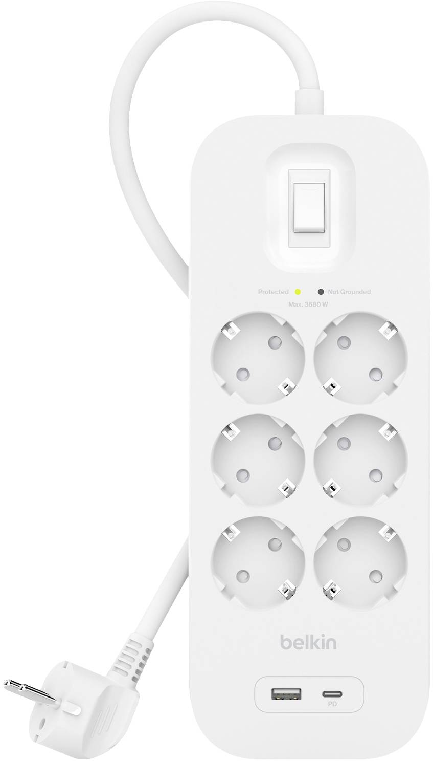 Weiße Steckdosenleiste mit sechs Steckplätzen und USB-Anschluss, oben Schalter, Marke 'belkin' unten sichtbar.