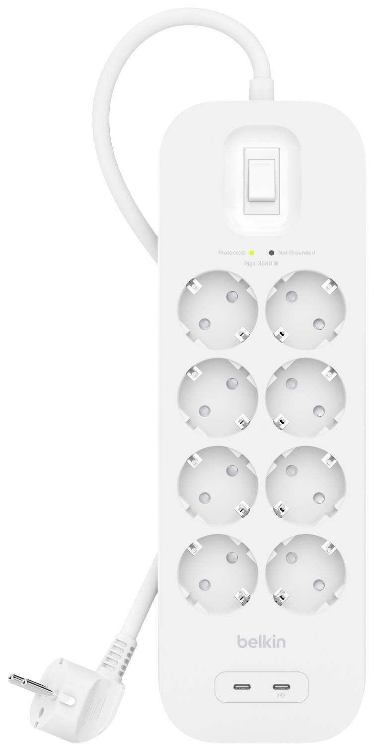 Weiße Steckdosenleiste mit acht Steckplätzen und zwei USB-Anschlüssen, mit Ein-/Ausschalter oben.