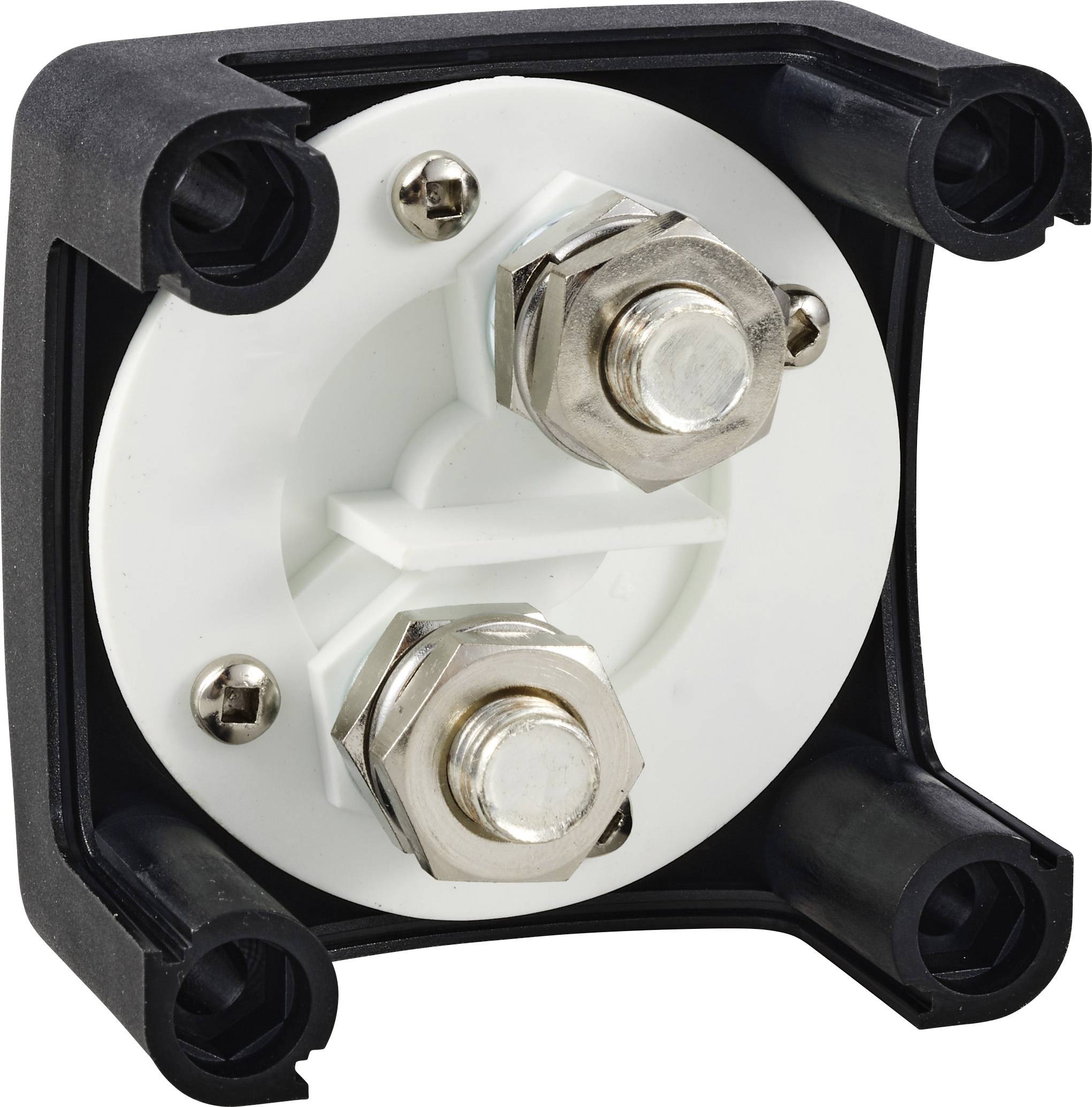 Schwarzer, quadratischer Kunststoffhalter mit Metallverbindungen, geeignet für elektrische oder mechanische Befestigungen.