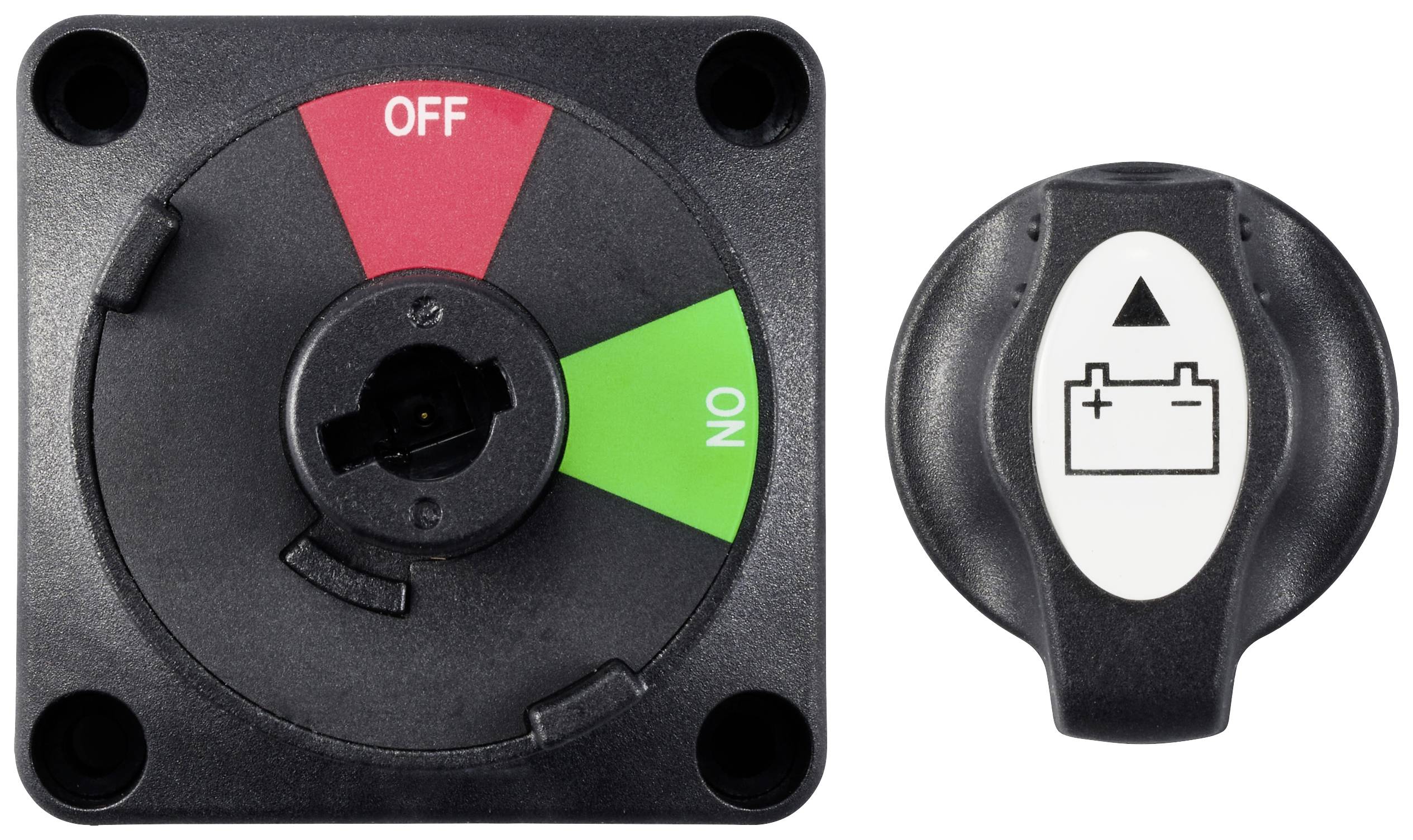 Ein Schalterpanel mit Positionen 'OFF' in Rot und 'ON' in Grün. Daneben ein abnehmbarer, schwarzer Schalter mit Batteriesymbol.