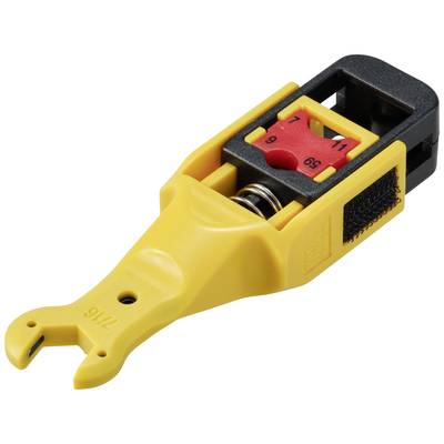 Ein gelbes Kabelabisolierwerkzeug mit einstellbarem Schneidmesser und Skala zum Abisolieren verschiedener Kabeldurchmesser.