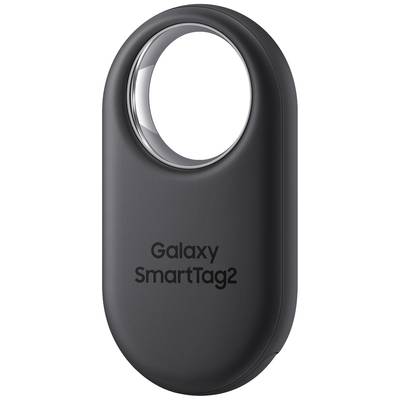 Schwarzes, ovales Gerät mit Loch oben, auf dem 'Galaxy SmartTag2' steht. Dient zur Standortverfolgung von Gegenständen.
