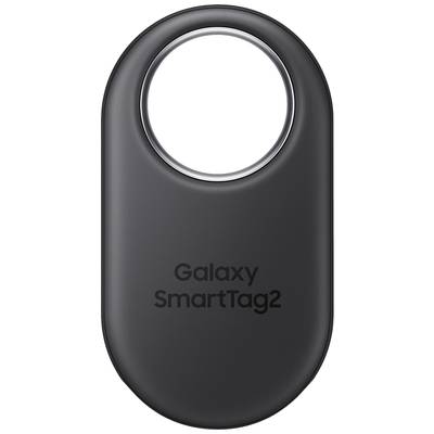 Schwarzes Galaxy SmartTag2 mit ovaler Form und definiertem Loch oben, auf dem der Text 'Galaxy SmartTag2' aufgedruckt ist.
