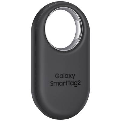'Galaxy SmartTag 2' in schwarzer Farbe, ovale Form, mit Metallring zur Befestigung.