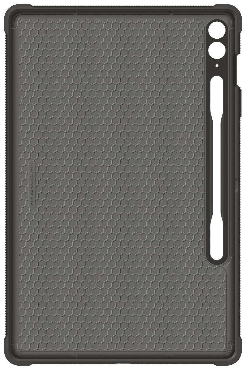 Rückansicht einer schwarzen Schutzhülle mit wabenförmiger Textur und Aussparungen für Kamera und Funktionen.