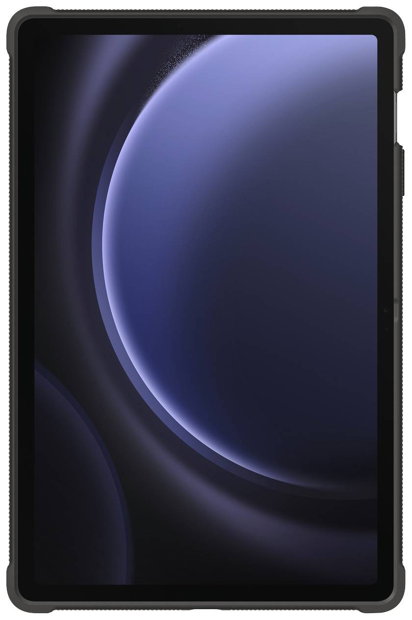 Ein Tablet mit schwarzem Gehäuse, das eine geschwungene, blaue und lila Lichtdarstellung auf dem Bildschirm zeigt.