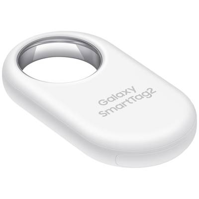 Ein weißer Galaxy SmartTag2, ein kleines, ovales Gerät mit einer Öffnung, dient zur Verfolgung von Gegenständen.