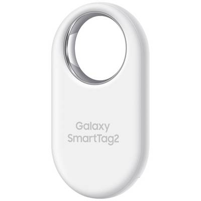 Ein weißer 'Galaxy SmartTag2', ein ovales Gerät mit Loch zum Befestigen, dient zur Verfolgung und Ortung persönlicher Gegenstände.