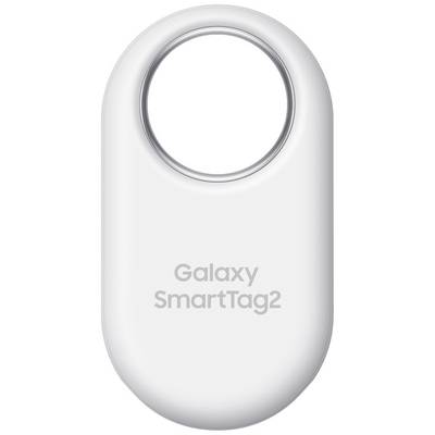 Weiße Galaxy SmartTag2 mit rundem Loch oben, zum Befestigen an Schlüssel oder Taschen; Aufschrift: 'Galaxy SmartTag2'.