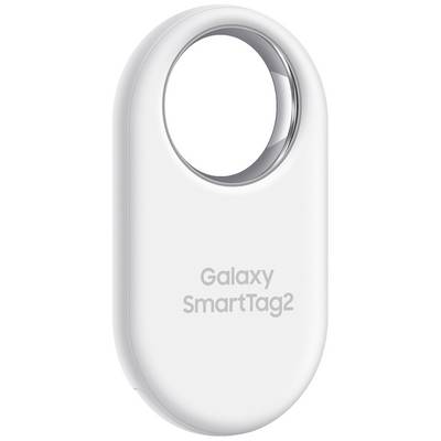 Ovaler weißer Tracker mit Loch oben, beschriftet mit 'Galaxy SmartTag2', dient der Objektsuche per Bluetooth.