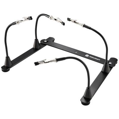 Ein schwarzer Halter mit vier flexiblen Armen und Klemmen. Geeignet zur Fixierung von Bauteilen für Arbeiten oder Präsentationen.