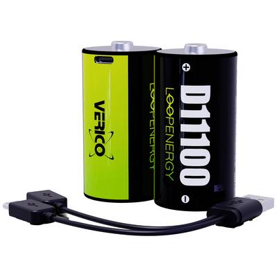 Zwei wiederaufladbare Batterien mit USB-Anschlüssen oben, beschriftet mit 'Verico' und 'D11100 Loopenergy', liegen nebeneinander. Ein kurzes USB-Kabel ist vorne sichtbar.