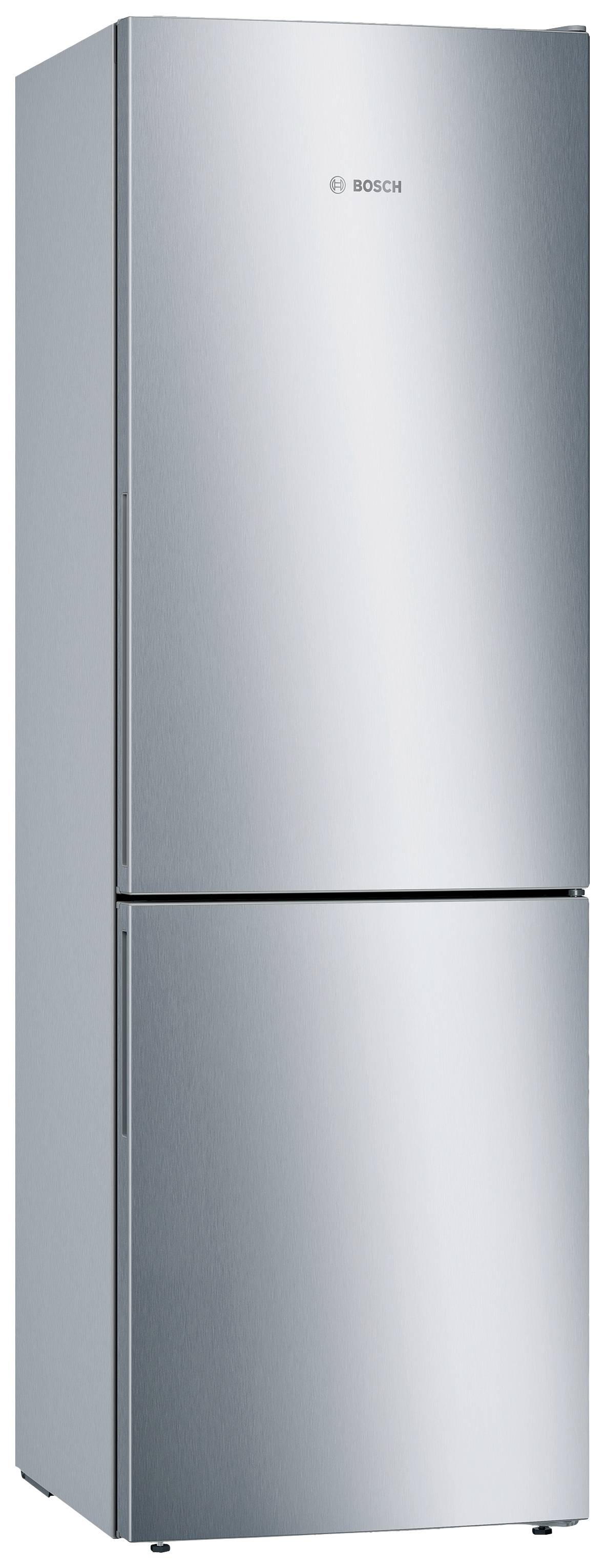 Ein silberfarbener Kühlschrank mit Gefrierfach von Bosch. Das Design ist modern und schlicht.