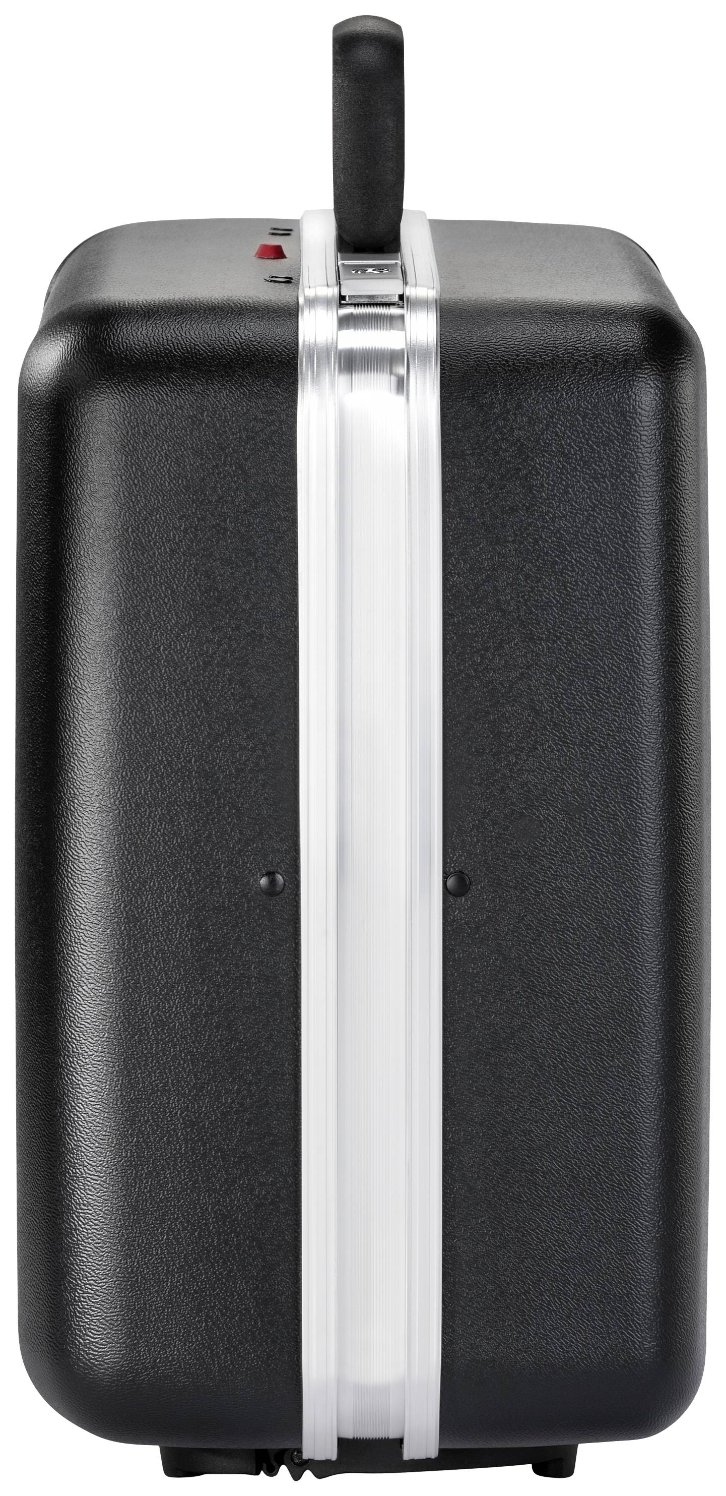 Schwarzer, rechteckiger Koffer mit Hartschale und silbernem Verschluss, seitliche Ansicht. Oben ein Griff.