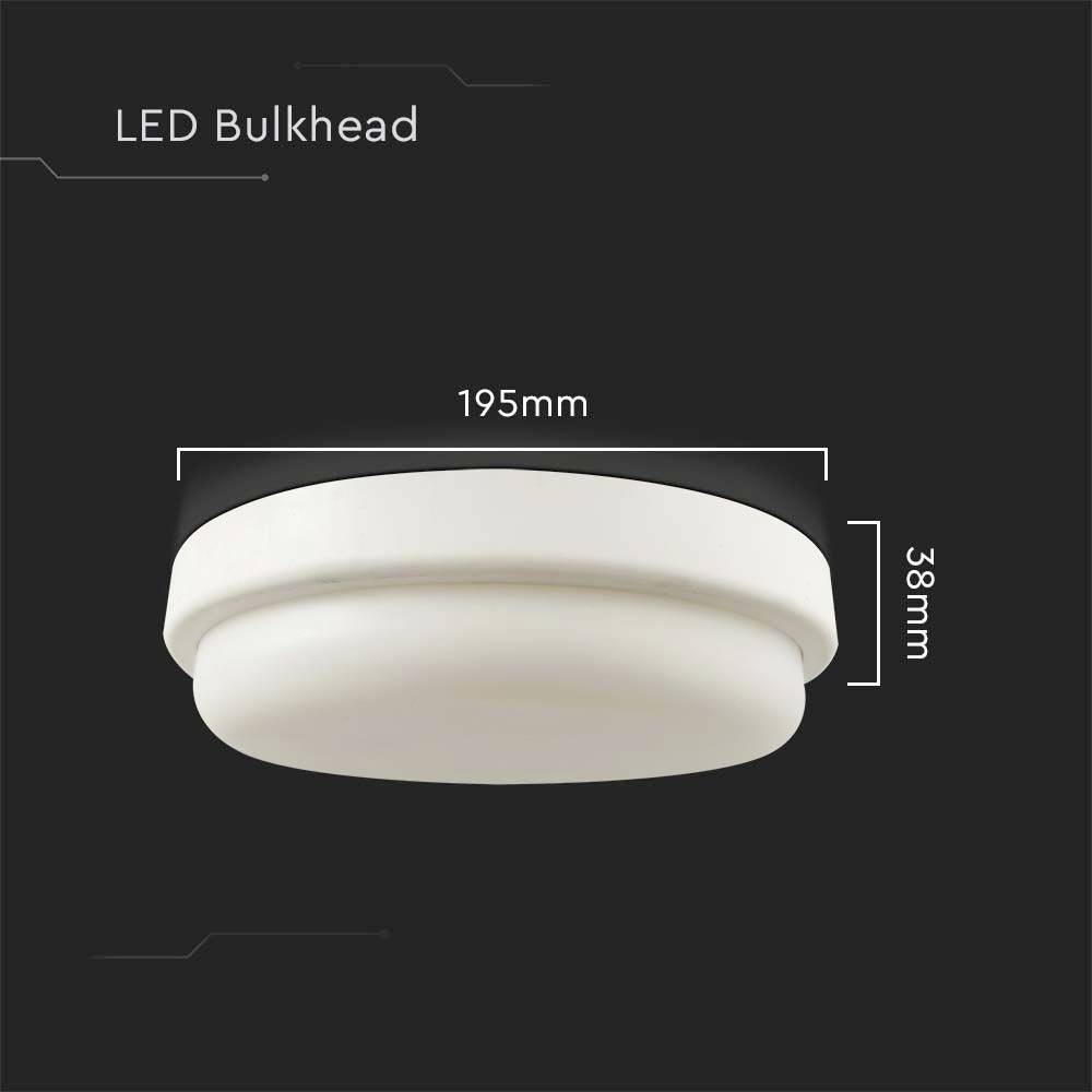 'LED Bulkhead' ist eine runde, weiße Leuchte mit den Maßen 195mm Durchmesser und 38mm Höhe. Sie wird auf dunklem Hintergrund gezeigt.
