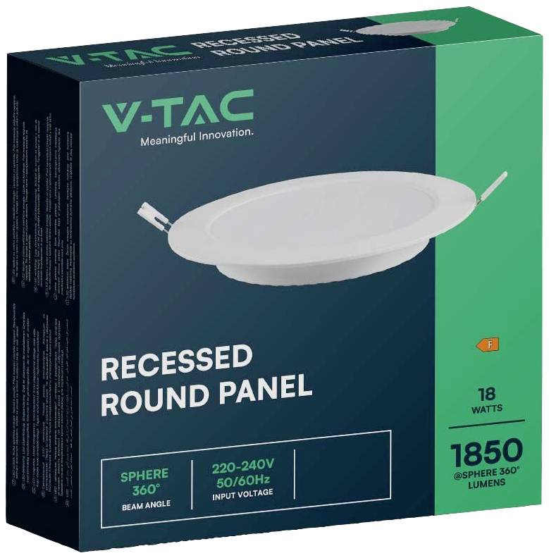Kartonverpackung eines runden LED-Einbaupanels von V-TAC mit 18 Watt und 1850 Lumen. Text: 'Recessed Round Panel', '220-240V'.
