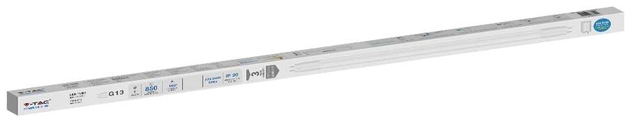 Ein LED-Lichtstreifen in einer länglichen, weißen Verpackung, mit Informationen zum Produkt wie Länge, Spannung und Energieeffizienz.