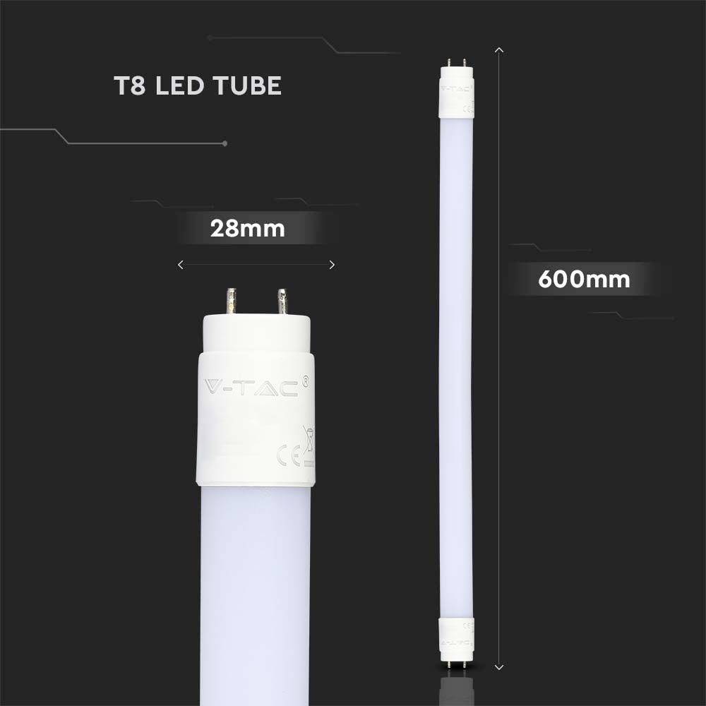 T8 LED-Röhre, 28mm Durchmesser, 600mm Länge, auf schwarzem Hintergrund abgebildet. Entworfen von V-TAC.
