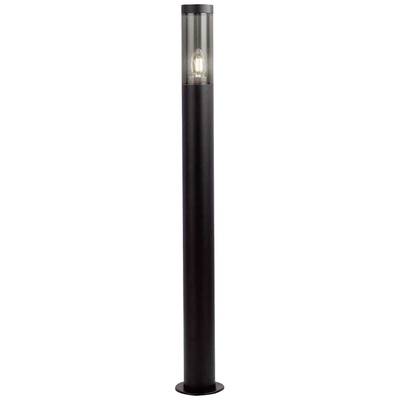 Schwarze, schlanke Stehlampe mit klarem Schirm und sichtbarer Glühbirne.