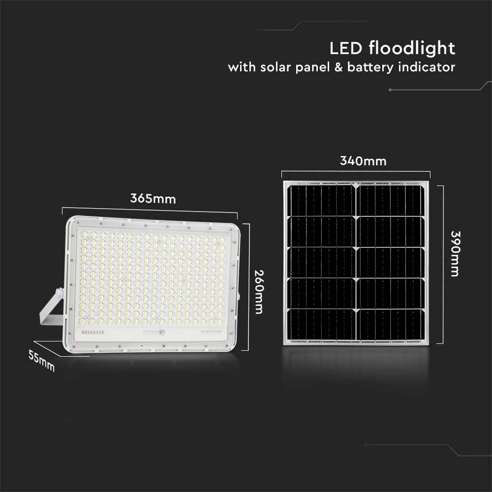 'LED-Flutlicht mit Solarpanel und Batterieanzeige, Maße: 365mm x 260mm x 55mm für das Licht, 340mm x 390mm für das Solarpanel.'