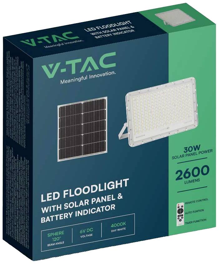 Verpackung einer LED-Flutlichtlampe mit Solarpanel und Batterieanzeige. 30W Leistung, 2600 Lumen, 4000K Tageslicht.