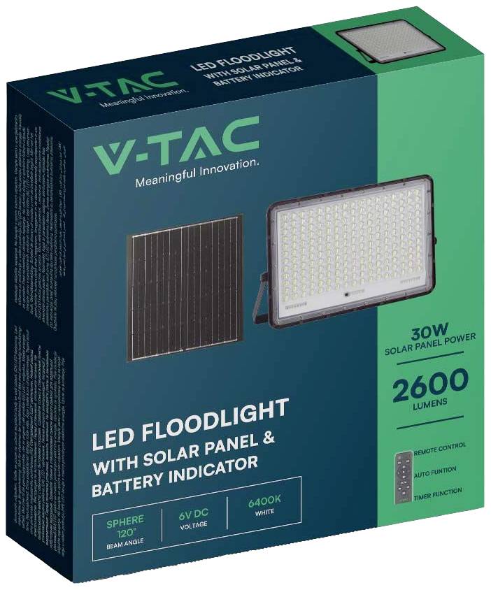 'V-TAC LED-Flutlicht mit Solarpanel und Batterieanzeige, 30W, 2600 Lumen, 120° Abstrahlwinkel, 6V DC, 4000K.' Verpackung.