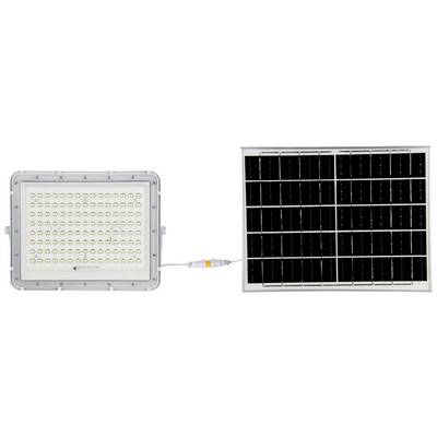 LED-Leuchte und Solarpanel verbunden durch ein Kabel, zeigen ein energieeffizientes Beleuchtungssystem für nachhaltige Stromgewinnung.