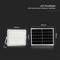 'LED-Flutlicht mit Solarpanel und Batterieanzeige' mit deren Maßen in einem schlichten Design auf dunklem Hintergrund gezeigt.