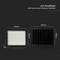 'LED Flutlicht mit Solarpanel und Batterieanzeige. Dimensionen: Flutlicht 290x235x55mm, Solarpanel 300x390mm.'