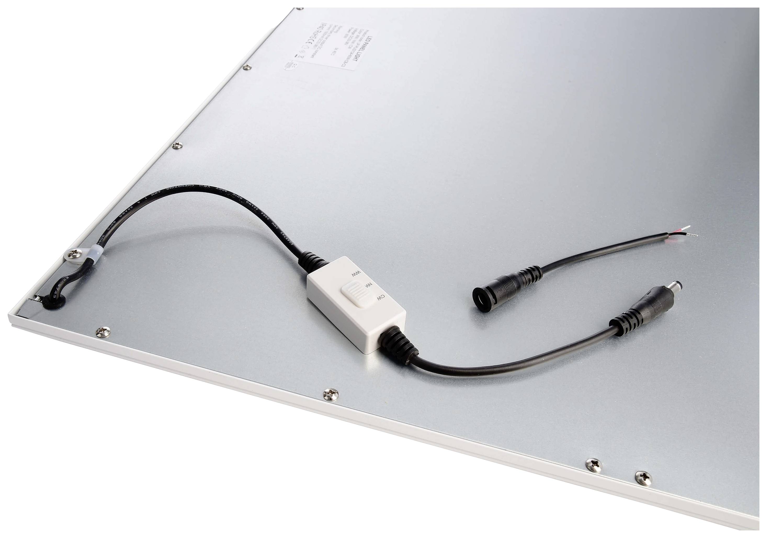 Rückseite eines LED-Panels mit Kabeln und einem Schalter in der Mitte. Links Kabel ohne Stecker, rechts Kabel mit Stecker.