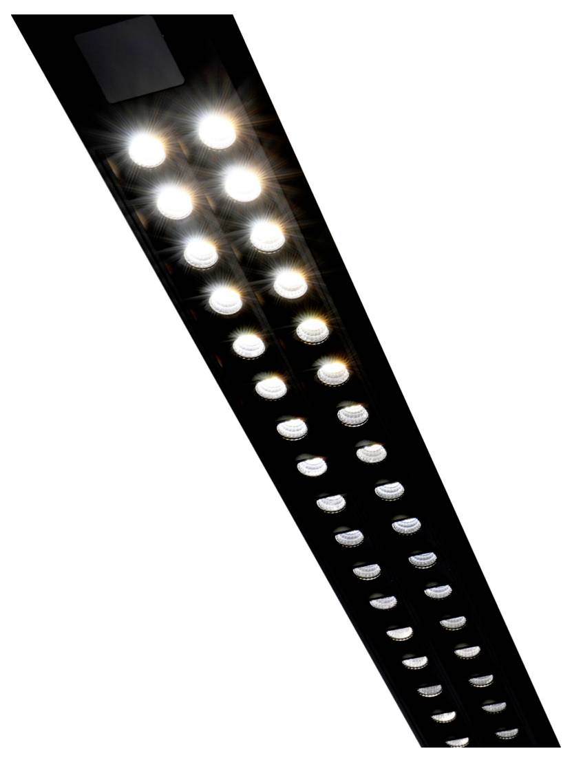 Ein diagonal angeordnetes schwarzes LED-Leuchtpanel mit mehreren hell leuchtenden weißen Glühbirnen vor einem schlichten Hintergrund.