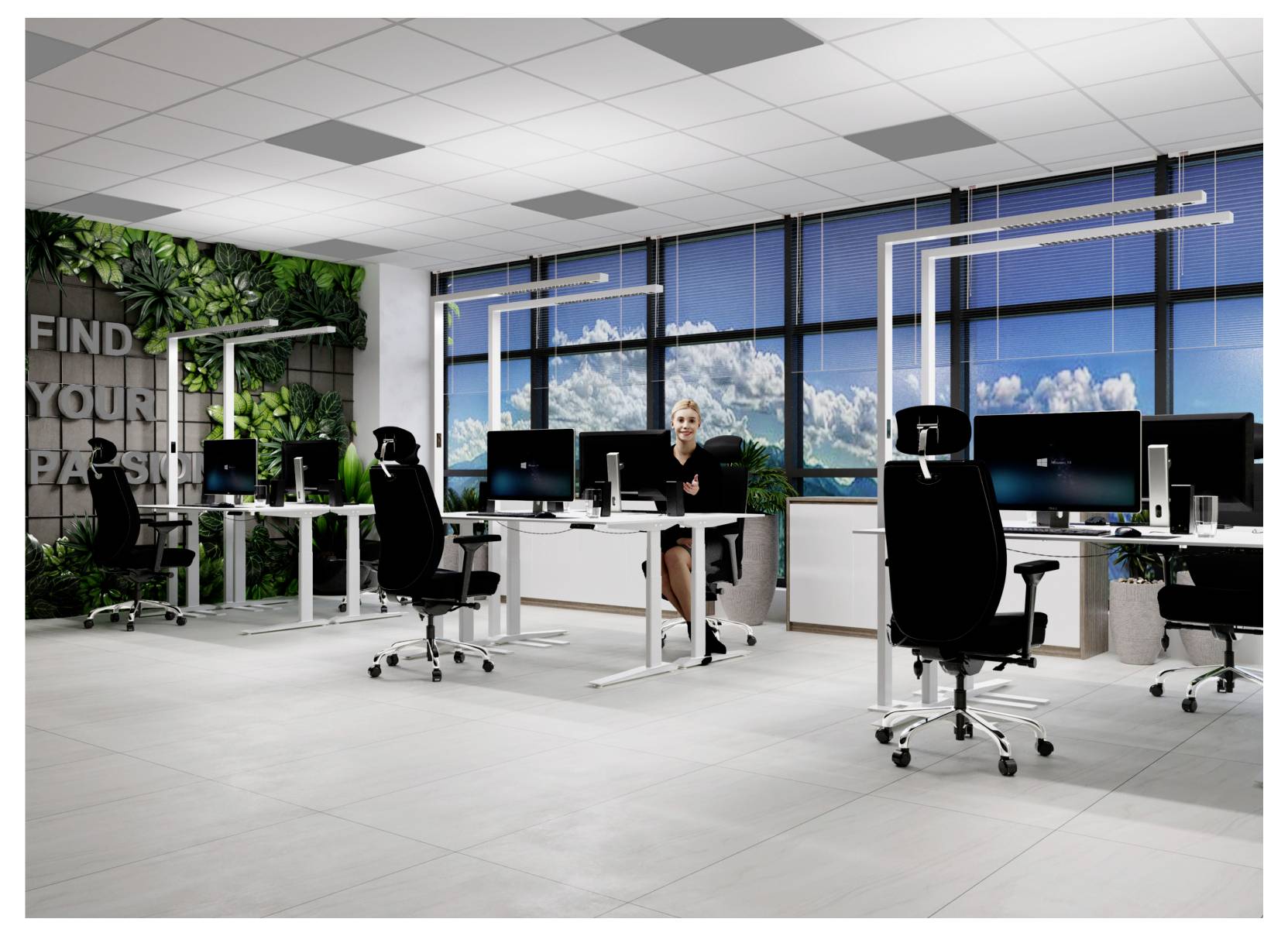 Moderne Großraumbüro mit weißen Schreibtischen und Computerbildschirmen; in der Mitte sitzt eine Person an einem Schreibtisch, daneben stehen Pflanzen und eine Wanddekoration mit der Aufschrift „FIND YOUR PASSION“.