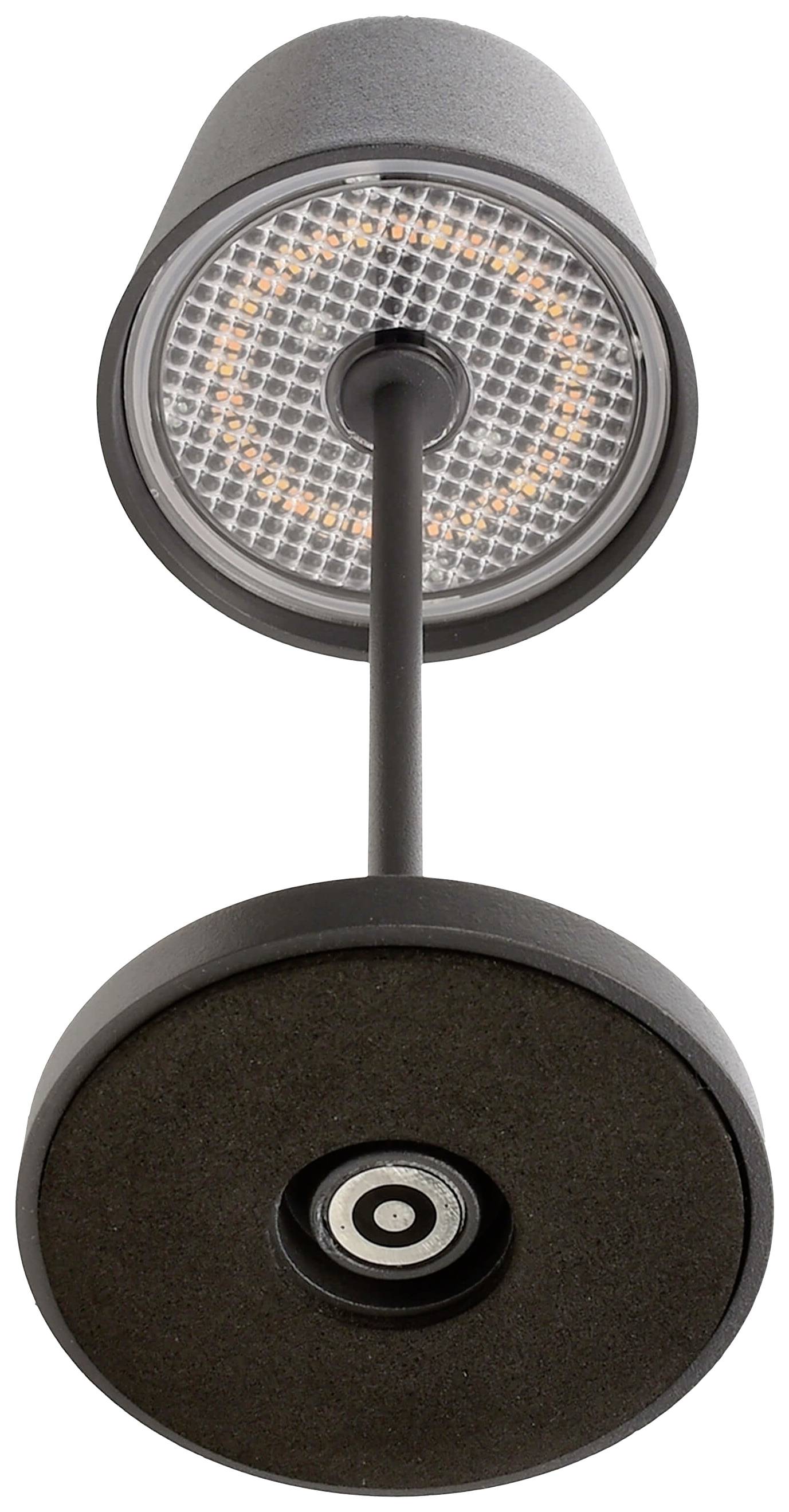 Eine moderne Wandleuchte in Schwarz mit kreisförmigem Design und LED-Ring; wird von einem Stab gehalten und hat ein dekoratives Muster.