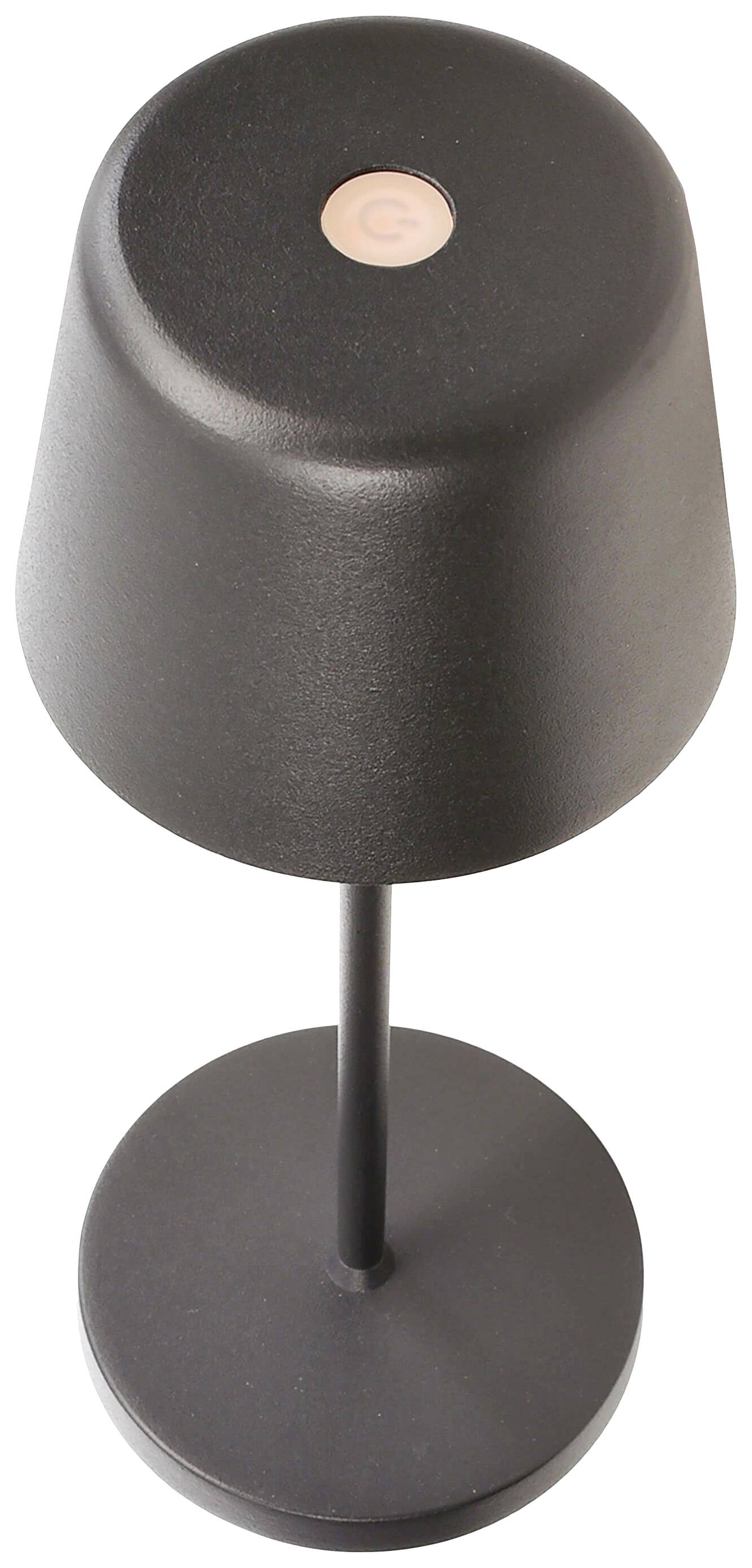 Eine schwarze, moderne Tischlampe mit schlankem Design und Touch-Schalter oben.