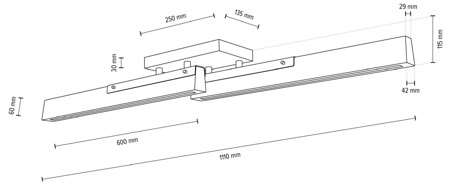 Technische Zeichnung einer linearen Leuchte mit Montagehalterung, mit Maßangaben: 1110 mm Gesamtlänge, 600 mm Leuchtenkörper, 250 mm x 135 mm Deckenmontage und 115 mm Höhe.