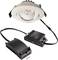 Ein runder LED-Downlight mit schwarzem Gehäuse und silbernem Rand, verbunden mit einem schwarzen Treiber und Kabel. Ein Schraube liegt daneben.