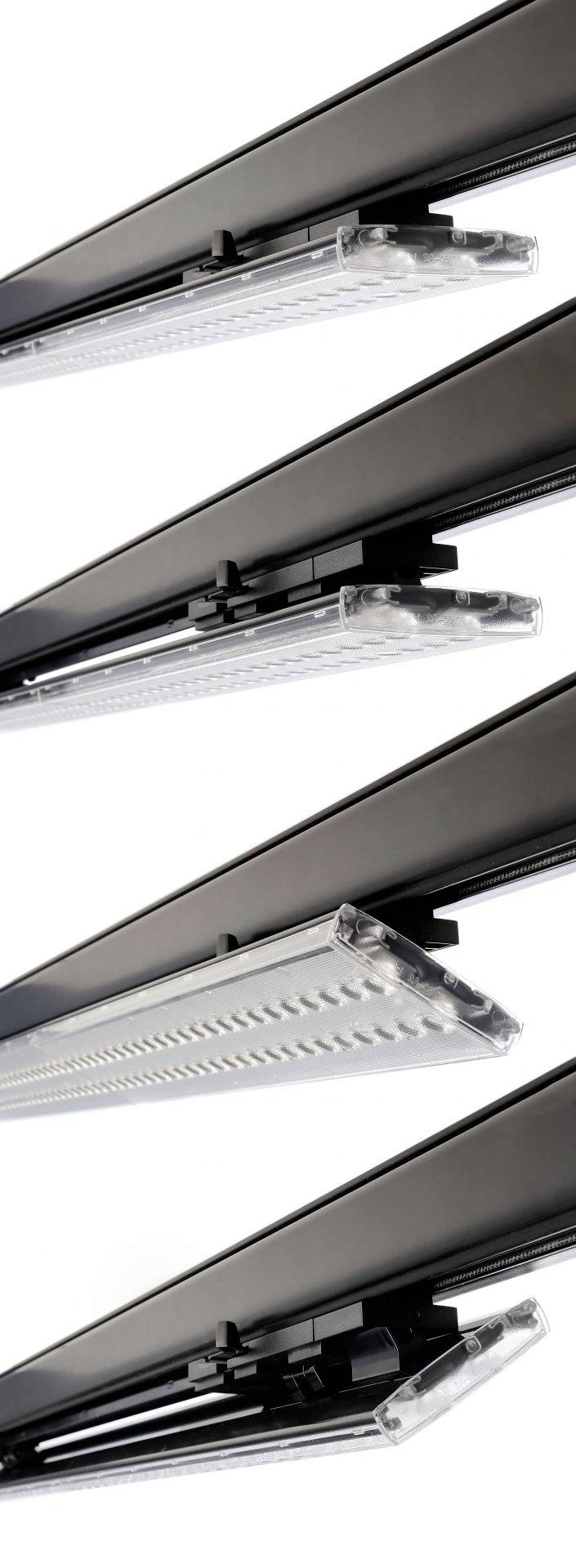 Vier Bilder zeigen Nahaufnahmen verschiedener LEDs unter schrägen schwarzen Paneelen. Jede LED variiert leicht in Form und Anordnung.