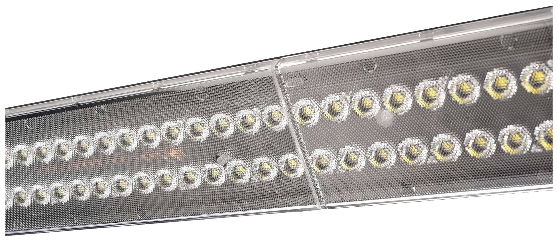 LED-Leuchte mit mehreren Reihen von gelben Dioden auf transparentem Hintergrund, seitliche Perspektive.
