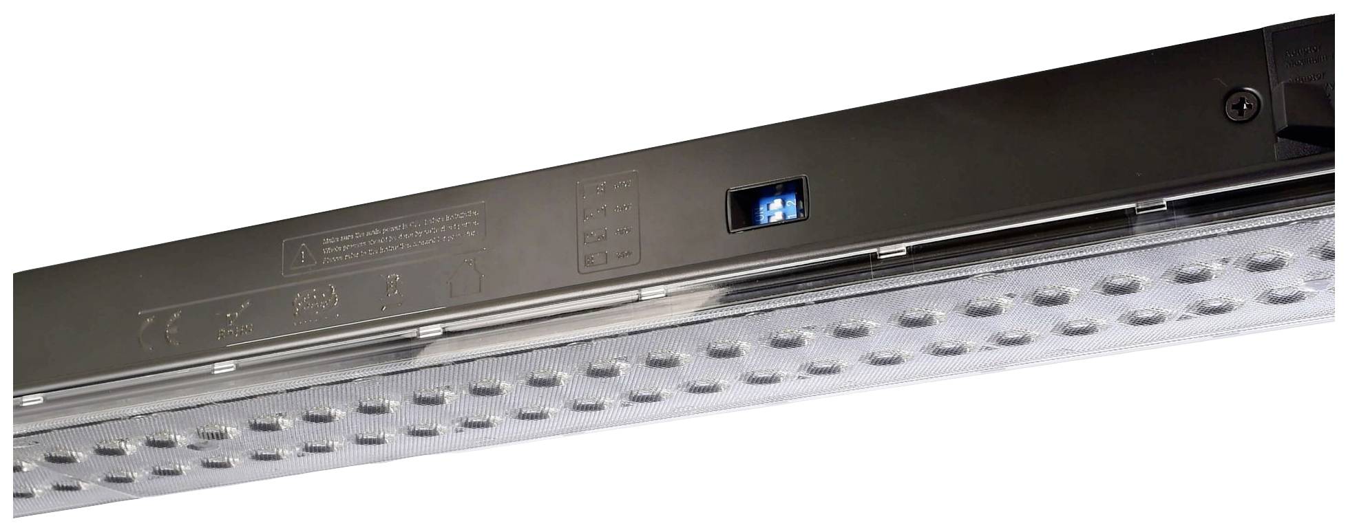 Nahaufnahme einer LED-Leuchte mit rechteckigem Gehäuse, zeigt eine digital einstellbare Anzeige und eine strukturierte Oberfläche.