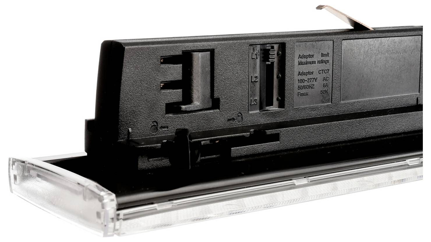 Schwarzer modularer Elektroanschlussblock mit durchsichtiger Kunststoff-Endkappe und beschrifteten Klemmen für Verdrahtungsverbindungen.