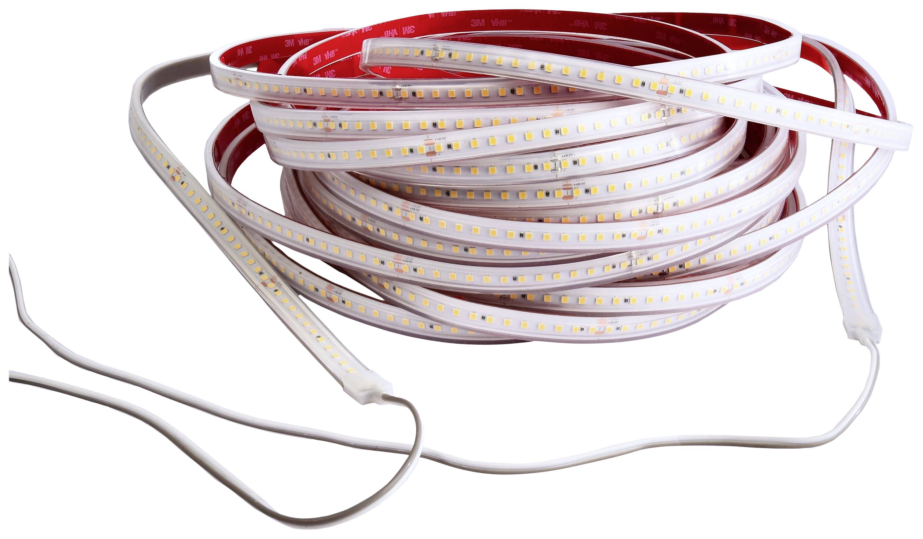 Ein aufgerolltes LED-Lichtband mit roten und weißen Streifen. Es ist für Dekorationszwecke oder Beleuchtung geeignet.