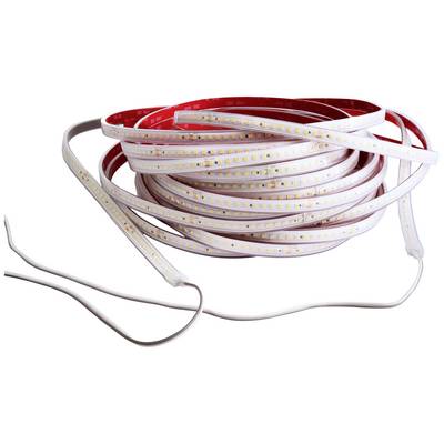 Ein aufgerolltes LED-Lichtband mit roten und weißen Streifen. Es ist für Dekorationszwecke oder Beleuchtung geeignet.